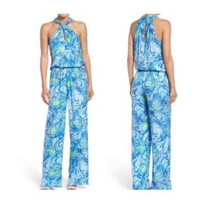 Lilly Pulitzer women's small blue green Emmy jumpsuit wide leg high neck